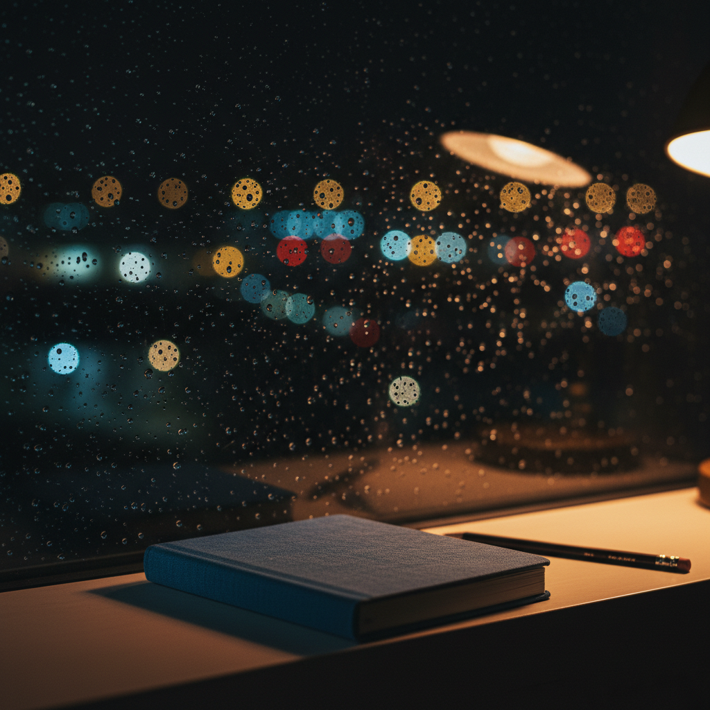 A close-up of a dark, reflective windowpane streaked with raindrops at night, each droplet sharply in focus and catching faint city lights as blurred, colorful orbs behind the glass. On the interior windowsill sits a closed, linen-covered notebook in muted indigo, with a slim graphite pencil resting beside it. A single warm desk lamp, outside the frame, casts a gentle amber glow on the sill, contrasting with the cool blue tones beyond the glass. Photographic realism, shot at a slight angle with shallow depth of field, creating a moody, introspective atmosphere that visually represents poems about internal storms and quiet emotional reflection.