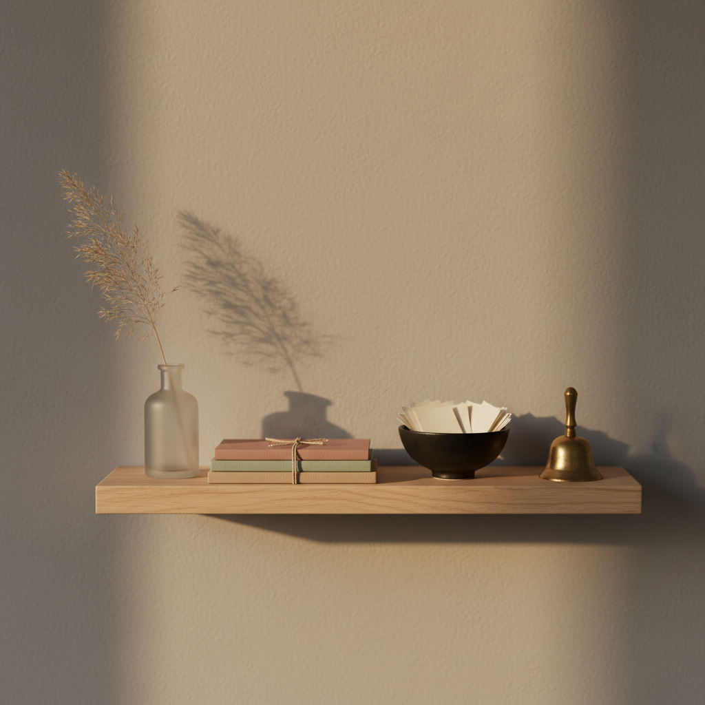A narrow wooden shelf floats against a smooth, warm-grey wall, holding a carefully arranged set of objects representing a personal poetry blog’s emotional range. From left to right: a small, frosted glass vase with a single dried grass plume; a stack of thin, cloth-bound notebooks in muted earth tones; a simple black ceramic bowl filled with folded, wordless slips of paper; and a tiny brass bell catching a trace of light. Late golden-hour sunlight grazes the objects from the right, casting elongated, soft-edged shadows. Photographic realism with a side-on composition and shallow depth of field, creating a serene, sophisticated atmosphere that suggests quiet thoughts waiting to become words.